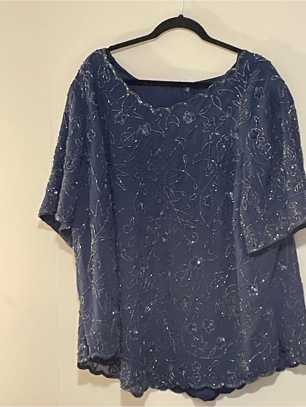 Roaman's Navy Beaded Floral Scoop-Neck Blouse
